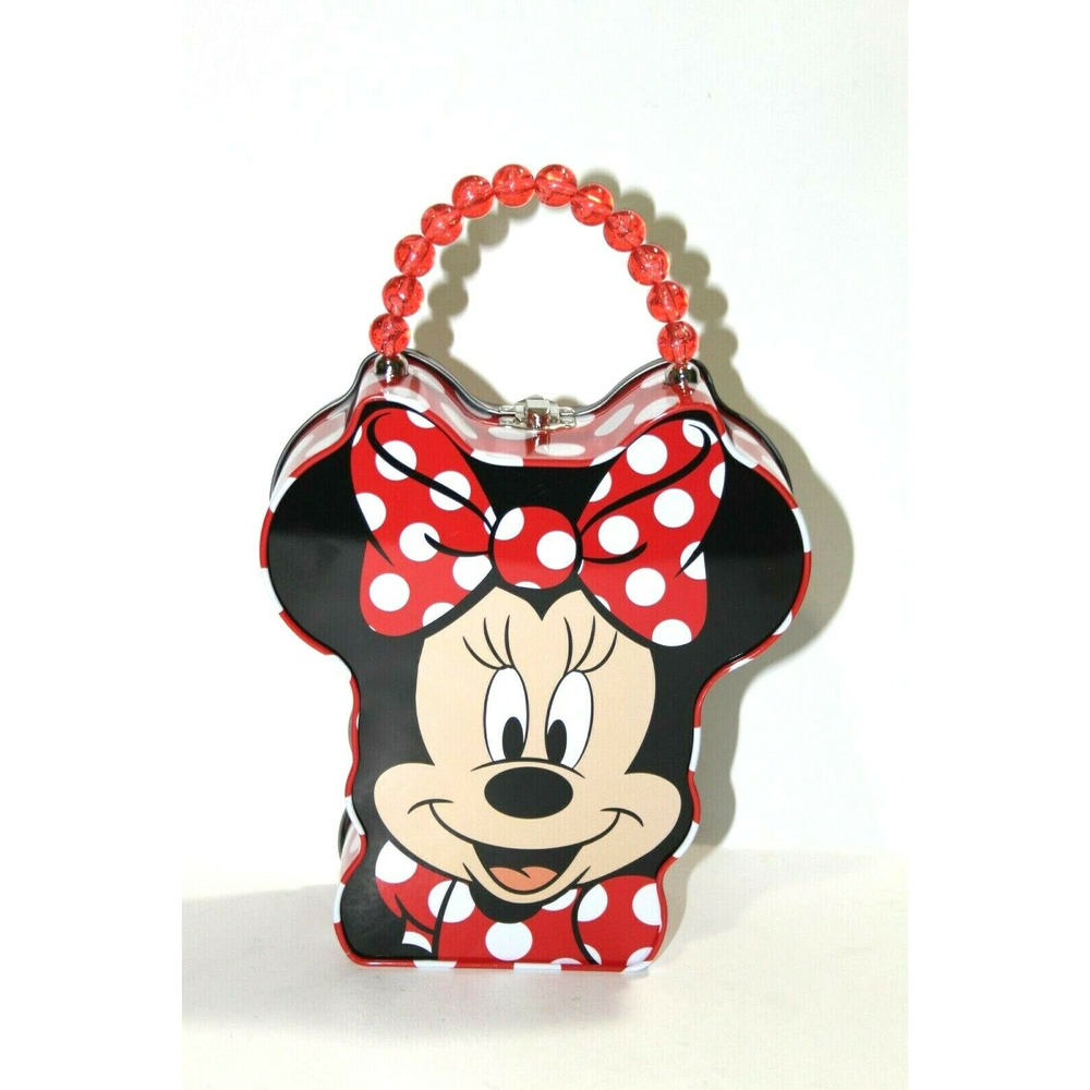 Minnie Mouse Face Metal Lunch Tin Storage Purse Box Red White Polka Dots 10" EC - Picture 2 of 7